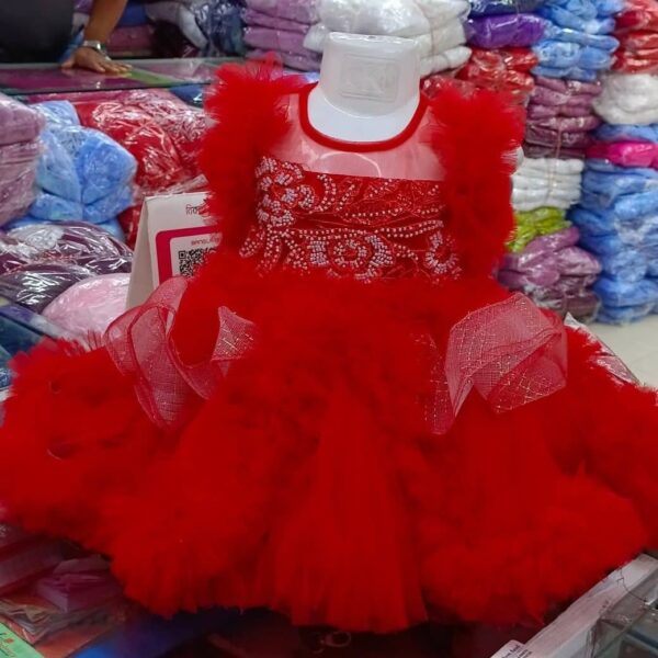 Premium Red Baby Dress Party Gown with Pearl Embroidery and Layered Net - HKD887 - Kiddleplace