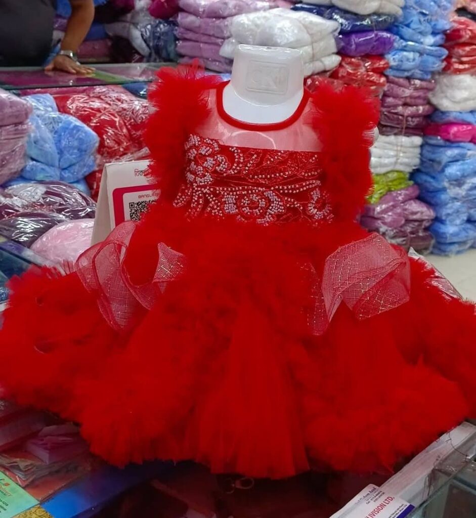 Premium Red Baby Dress Party Gown with Pearl Embroidery and Layered Net - HKD887 - Kiddleplace