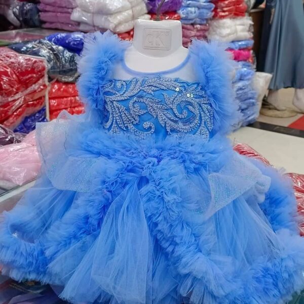 Premium Sky Blue Baby Dress Party Gown with Silver Floral Embroidery and Layered Net - HKD886 - Kiddleplace