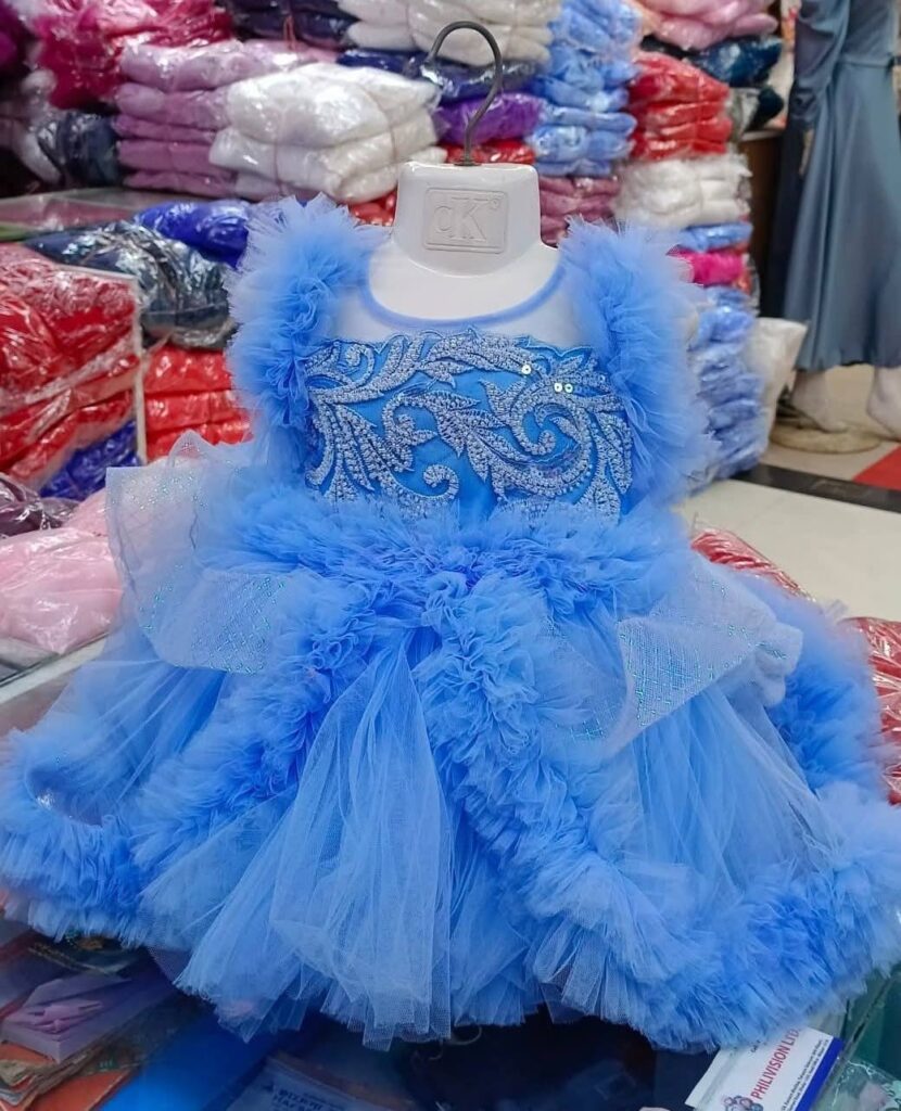 Premium Sky Blue Baby Dress Party Gown with Silver Floral Embroidery and Layered Net - HKD886 - Kiddleplace