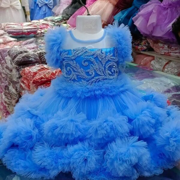 Premium Sky Blue Baby Dress Party Gown with Silver Floral Embroidery and Multi-Layered Frill Net - HKD905 - Kiddleplace