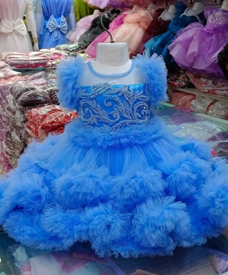 Premium Sky Blue Baby Dress Party Gown with Silver Floral Embroidery and Multi-Layered Frill Net - HKD905 - Kiddleplace