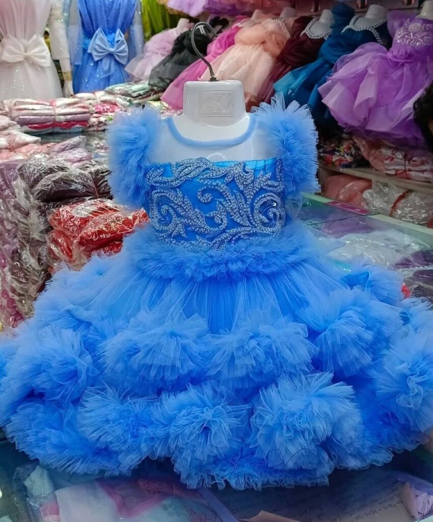 Premium Sky Blue Baby Dress Party Gown with Silver Floral Embroidery and Multi-Layered Frill Net - HKD905 - Kiddleplace
