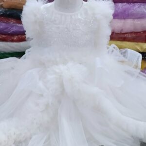 Premium White Baby Dress Party Gown with Elegant Embroidery and Glittery Layered Net - HKD893 - Kiddleplace