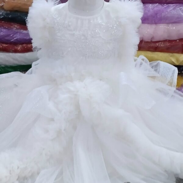 Premium White Baby Dress Party Gown with Elegant Embroidery and Glittery Layered Net - HKD893 - Kiddleplace