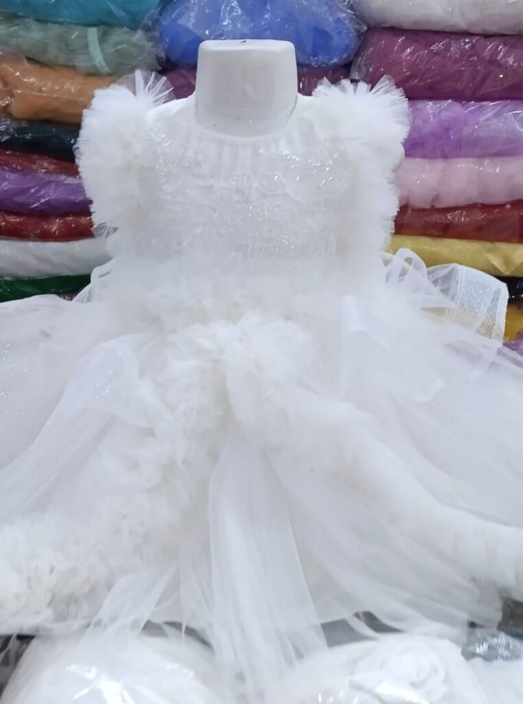 Premium White Baby Dress Party Gown with Elegant Embroidery and Glittery Layered Net - HKD893 - Kiddleplace