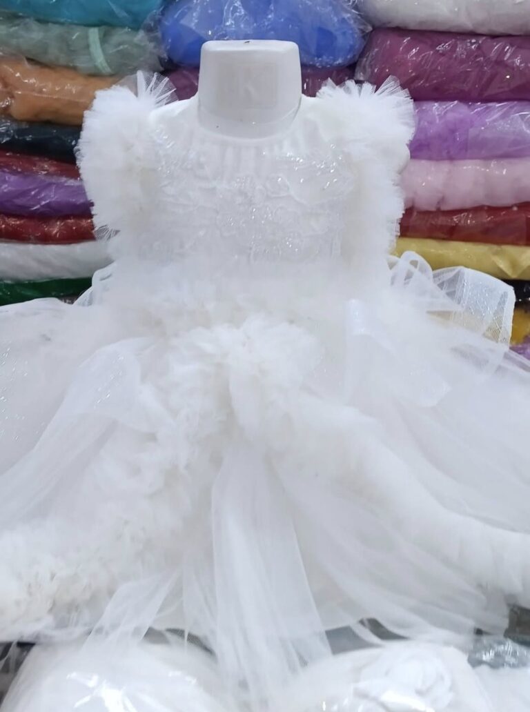 Premium White Baby Dress Party Gown with Elegant Embroidery and Glittery Layered Net - HKD893 - Kiddleplace