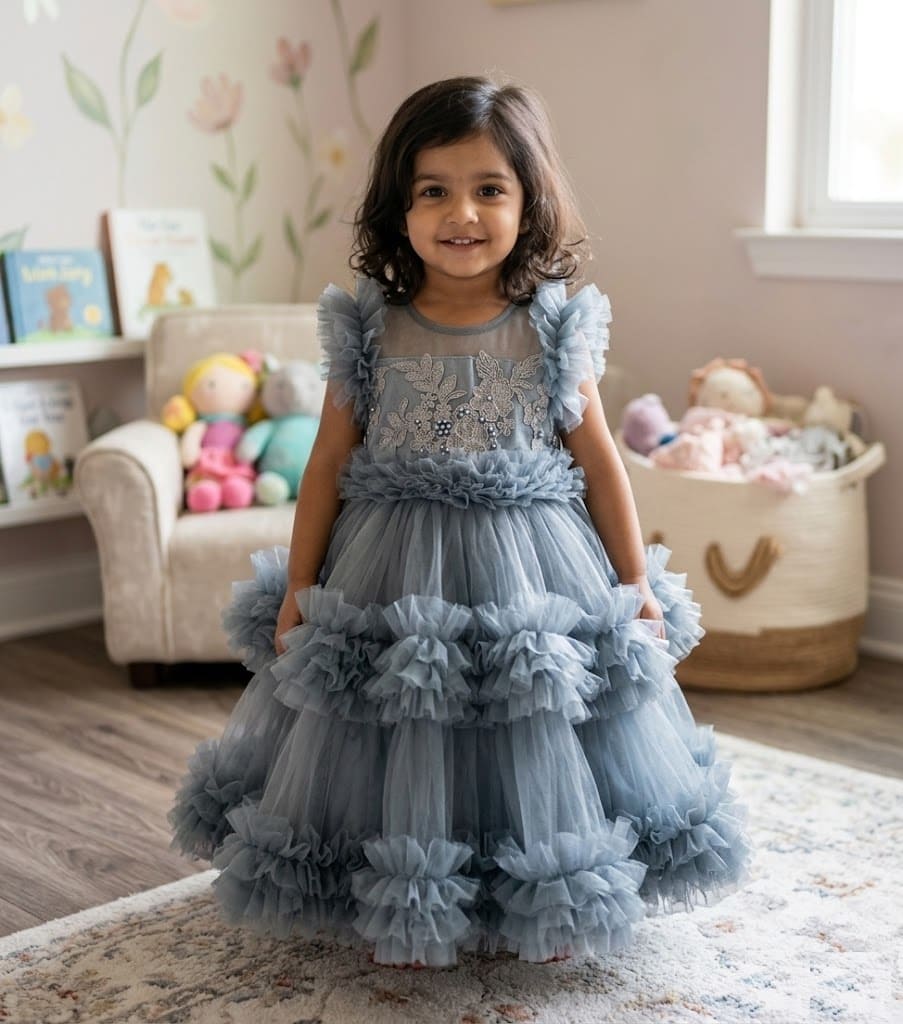 Little girl wearing a premium ash grey layered ruffle party dress with silver floral embroidery and pearl details.