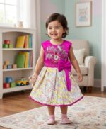 Little girl wearing a vibrant magenta and white floral print cotton and silk blend party dress with a side bow and embroidered floral bodice.