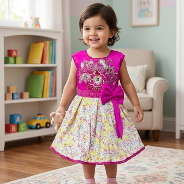 Little girl wearing a vibrant magenta and white floral print cotton and silk blend party dress with a side bow and embroidered floral bodice.