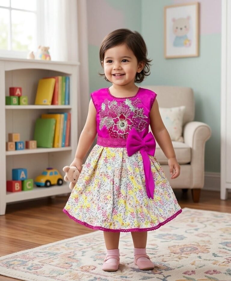 Little girl wearing a vibrant magenta and white floral print cotton and silk blend party dress with a side bow and embroidered floral bodice.