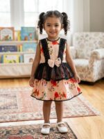 Little girl wearing a peach-colored floral cotton dress with black lace straps, a netted waist overlay, and a matching bow.