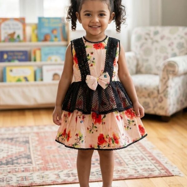 Little girl wearing a peach-colored floral cotton dress with black lace straps, a netted waist overlay, and a matching bow.