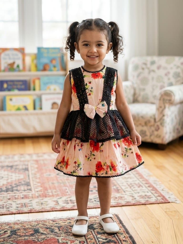 Little girl wearing a peach-colored floral cotton dress with black lace straps, a netted waist overlay, and a matching bow.