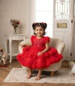 Red ruffle tulle party dress for baby girl with heavy bodice embroidery and flutter sleeves.