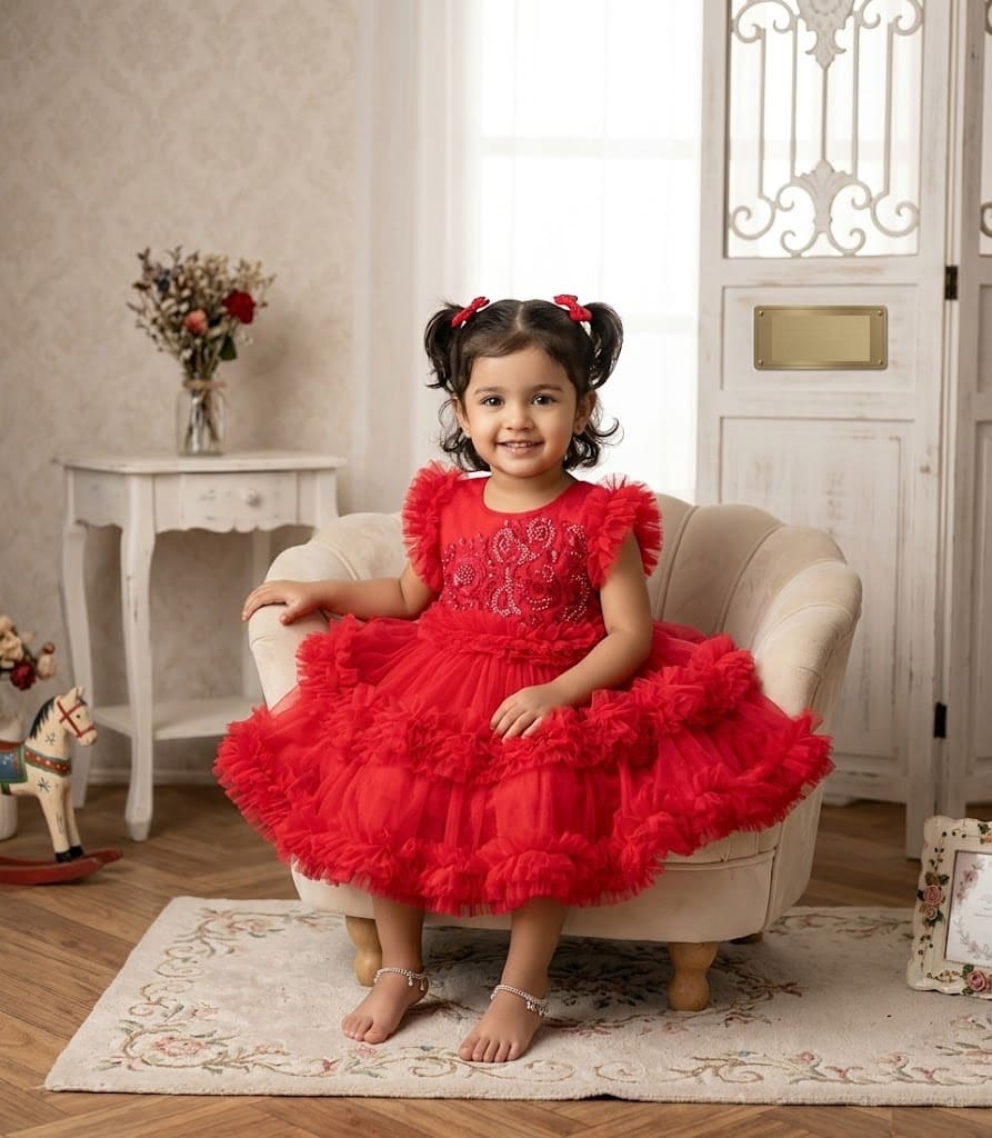 Red ruffle tulle party dress for baby girl with heavy bodice embroidery and flutter sleeves.