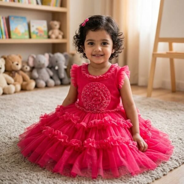 Toddler girl wearing a vibrant rose pink layered ruffle party dress with pearl embellishments.