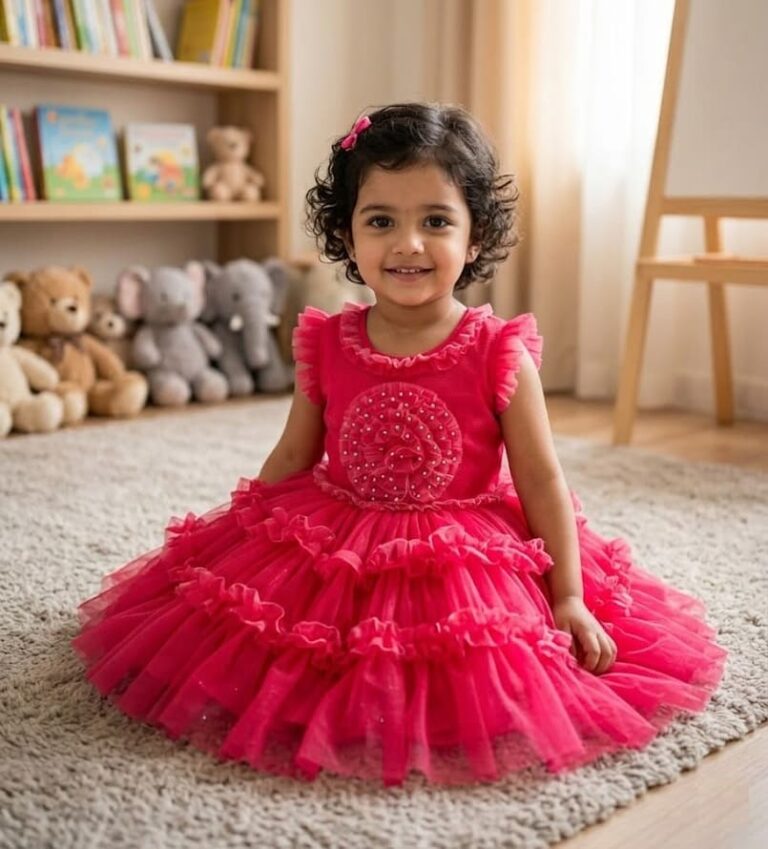 Toddler girl wearing a vibrant rose pink layered ruffle party dress with pearl embellishments.