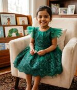 Toddler girl in a vibrant rose pink layered ruffle party dress with pearl-embellished floral bodice.