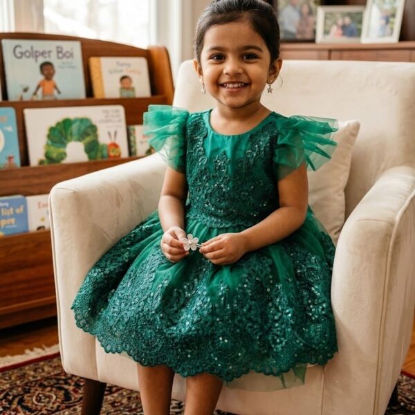 Toddler girl in a vibrant rose pink layered ruffle party dress with pearl-embellished floral bodice.