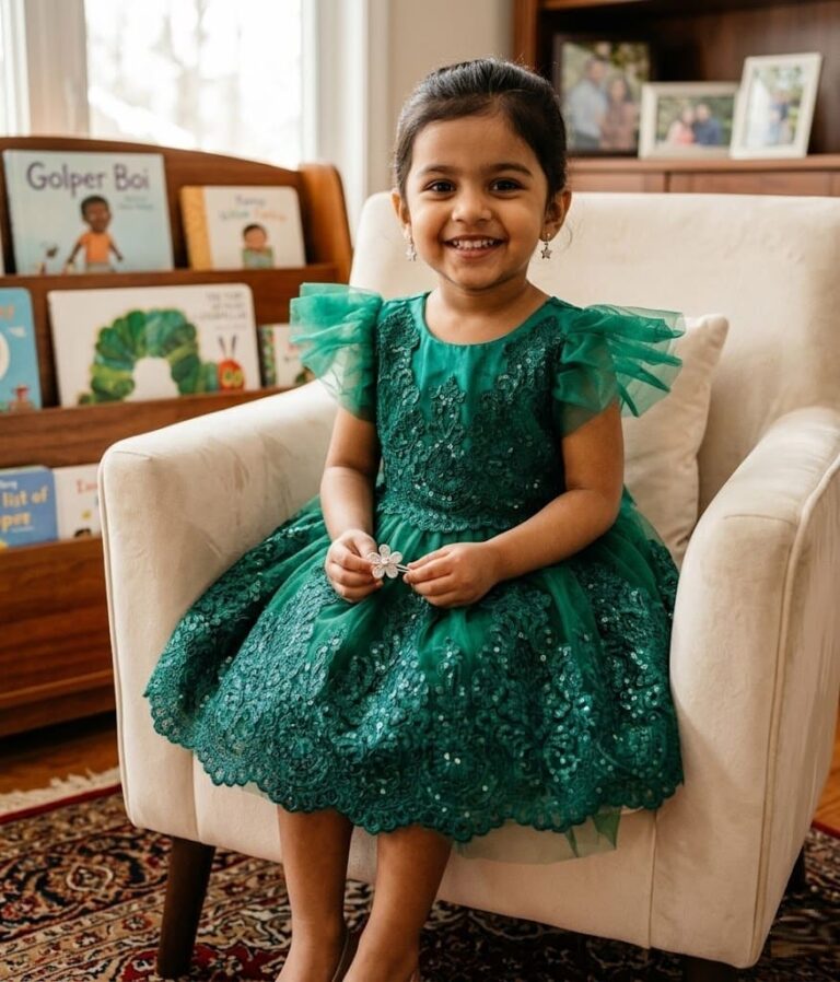 Toddler girl in a vibrant rose pink layered ruffle party dress with pearl-embellished floral bodice.