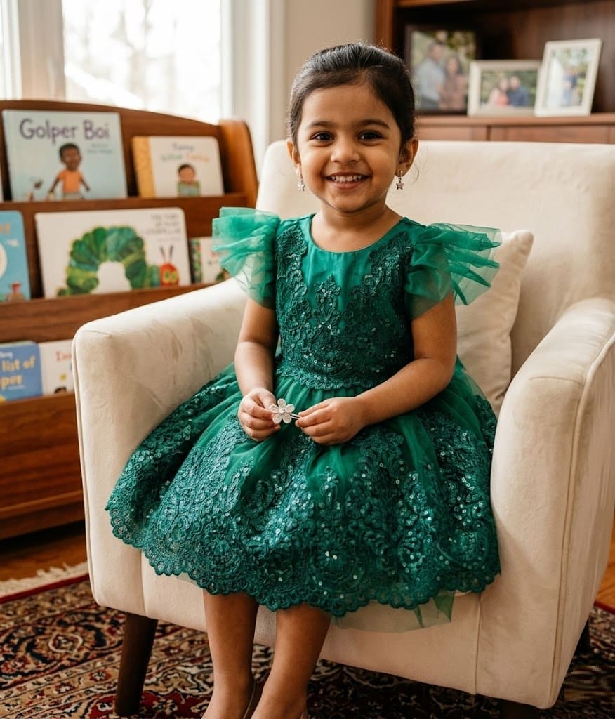 Toddler girl in a vibrant rose pink layered ruffle party dress with pearl-embellished floral bodice.