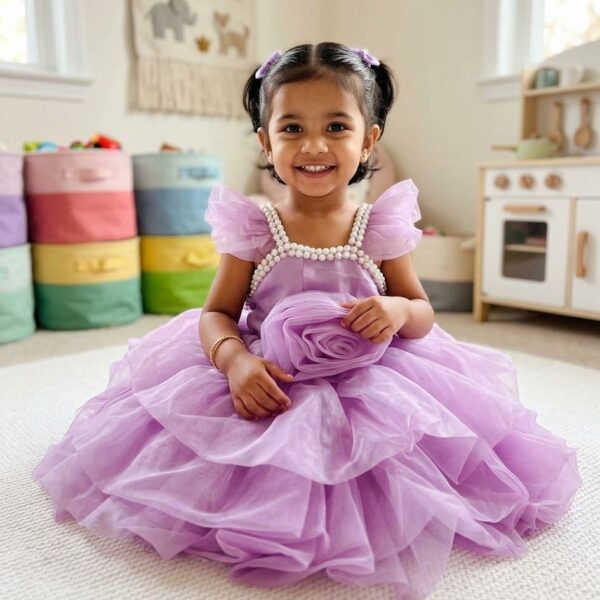 Little girl in a premium lilac purple party dress featuring a pearl-studded neckline and a large 3D organza rose on the skirt.