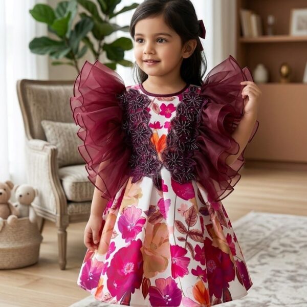 Little girl wearing a premium party dress featuring a vibrant pink and maroon floral print, intricate sequin embroidery on the bodice, and large maroon layered ruffle wings/sleeves