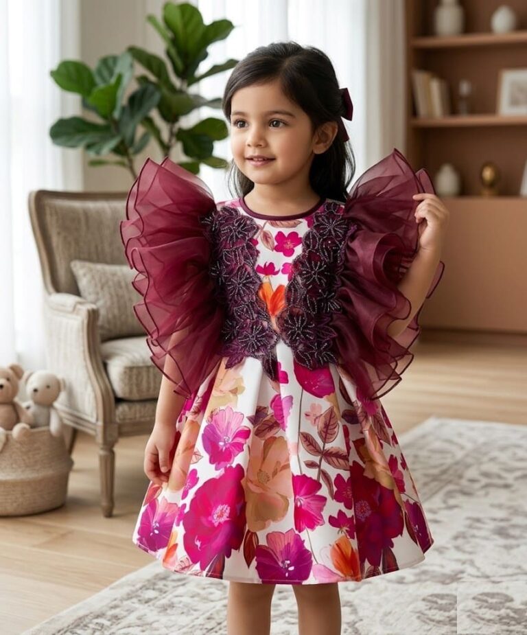 Little girl wearing a premium party dress featuring a vibrant pink and maroon floral print, intricate sequin embroidery on the bodice, and large maroon layered ruffle wings/sleeves