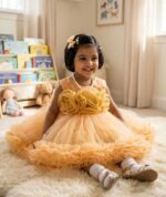 Little girl sitting in a peach-orange frilled net dress with 3D rose bouquet.
