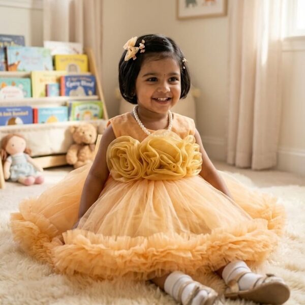 Little girl sitting in a peach-orange frilled net dress with 3D rose bouquet.