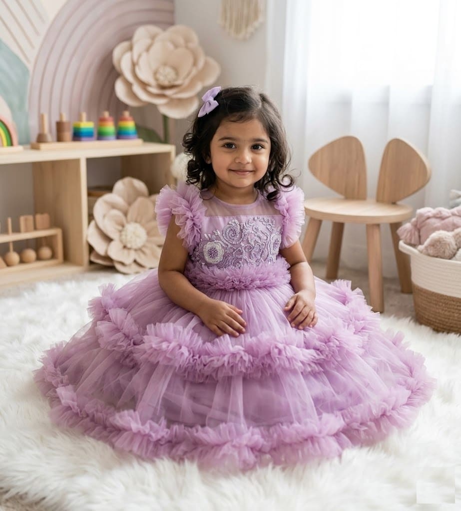 Toddler girl in a beautiful lavender purple layered ruffle net gown with intricate bodice embroidery.