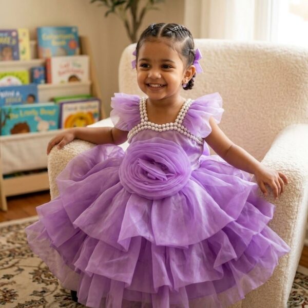 Lavender rose party dress for baby girl with pearl beaded neckline and tiered ruffled tulle.
