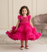 Little girl with curly hair wearing a stunning hot pink layered ruffle tulle party dress with intricate embroidered bodice.