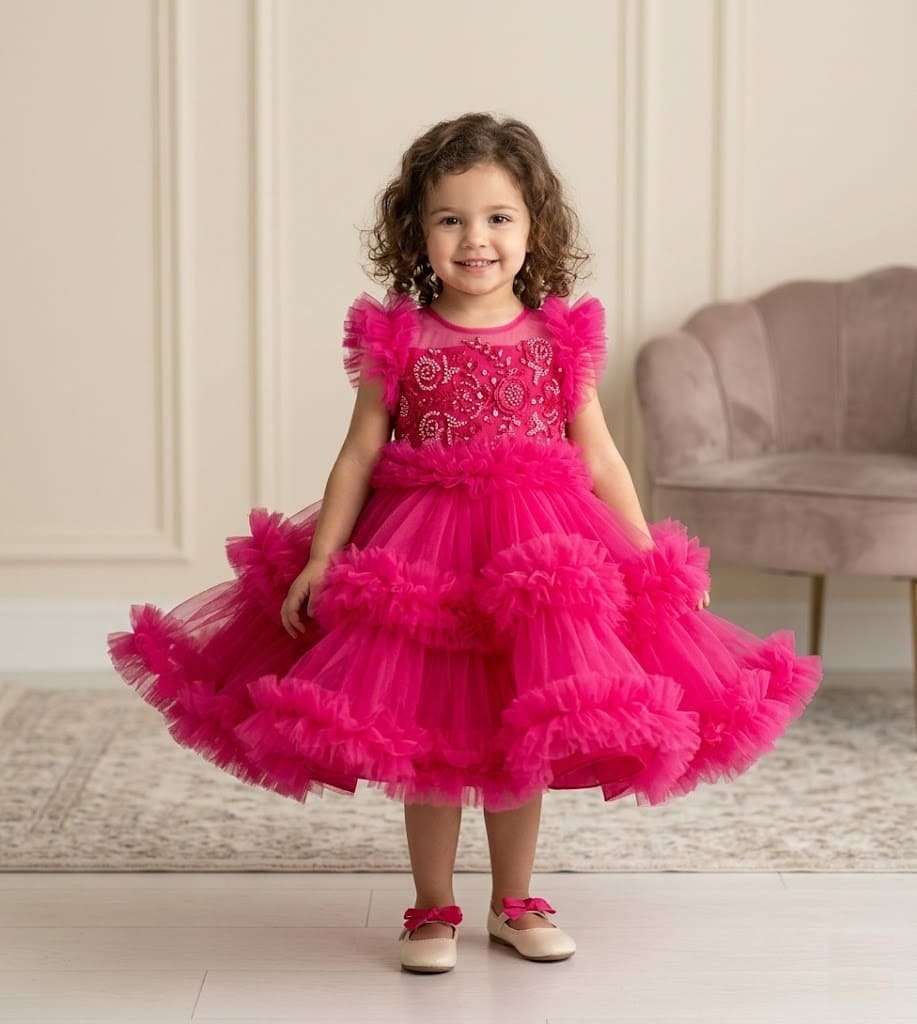 Little girl with curly hair wearing a stunning hot pink layered ruffle tulle party dress with intricate embroidered bodice.