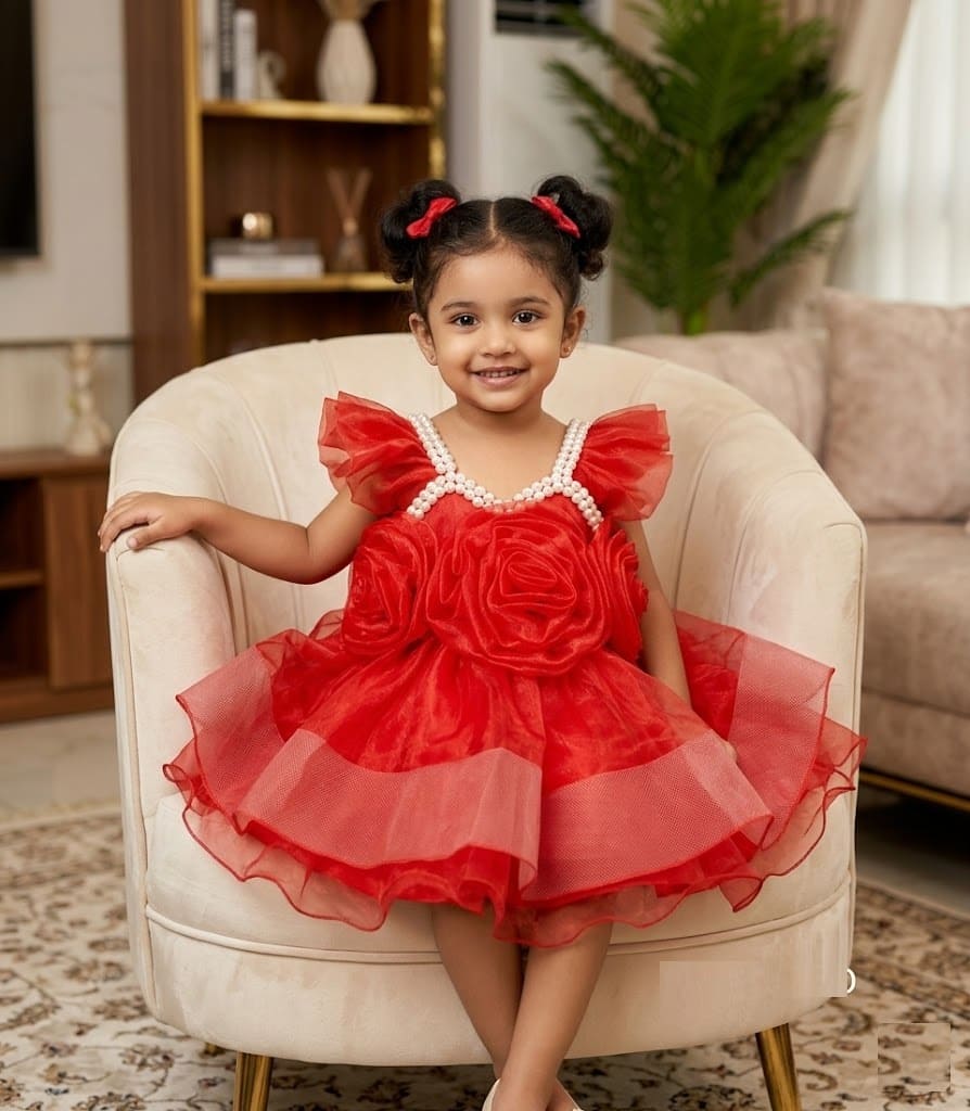 Little girl wearing a premium red party dress featuring large 3D organza roses on the front and a pearl-studded neckline