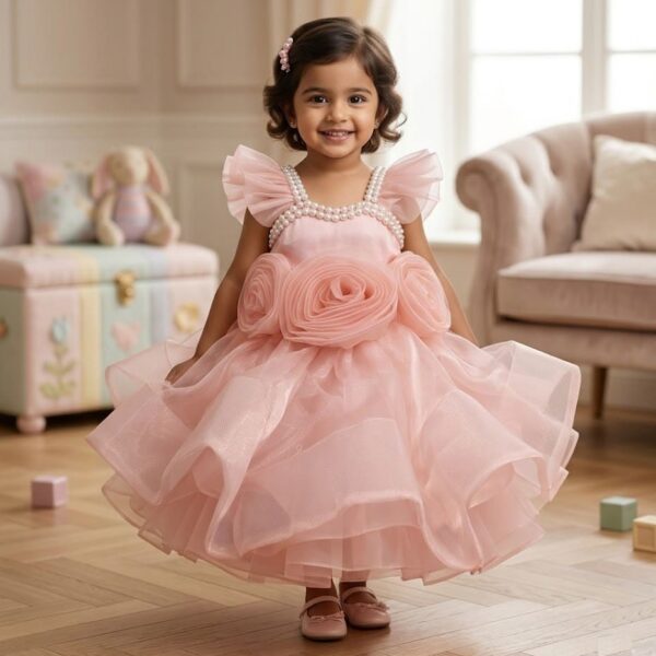 Baby girl in premium pink 3D rose party dress with pearl details.