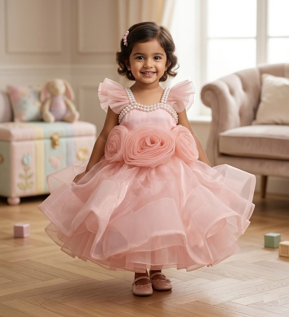 Baby girl in premium pink 3D rose party dress with pearl details.