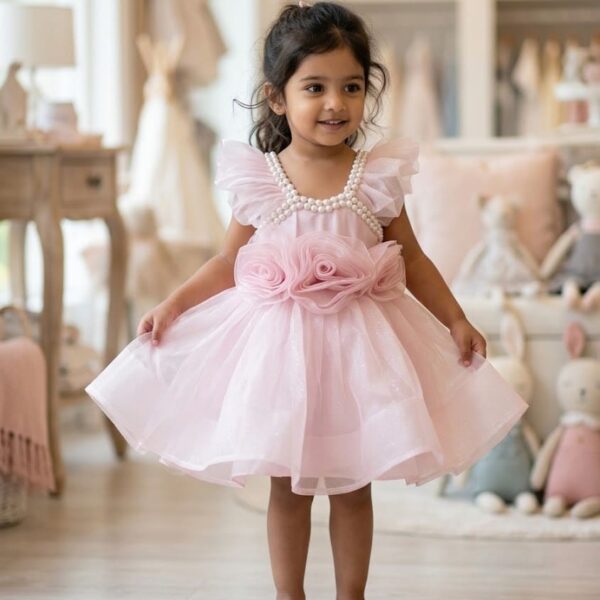 Little girl wearing a luxury baby pink net party dress with 3D roses and pearl neckline.