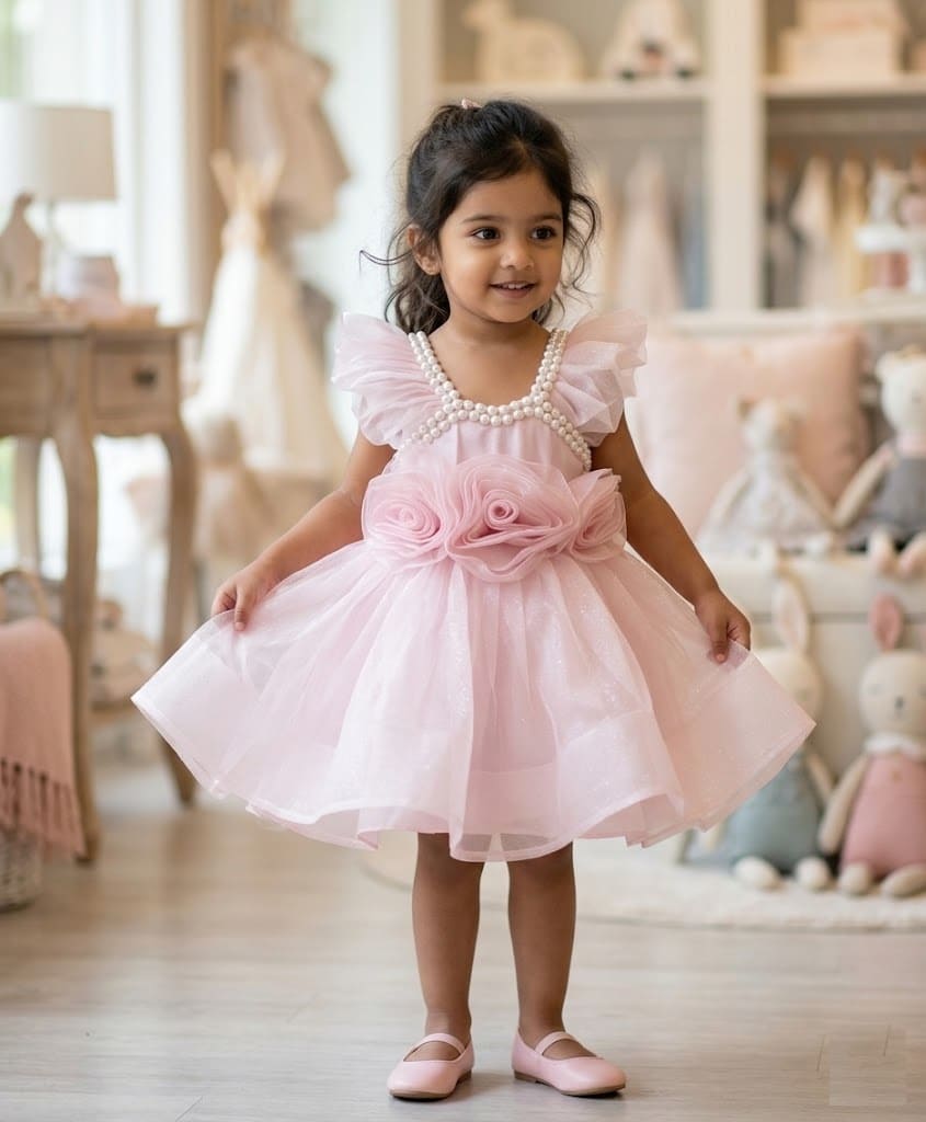 Little girl wearing a luxury baby pink net party dress with 3D roses and pearl neckline.