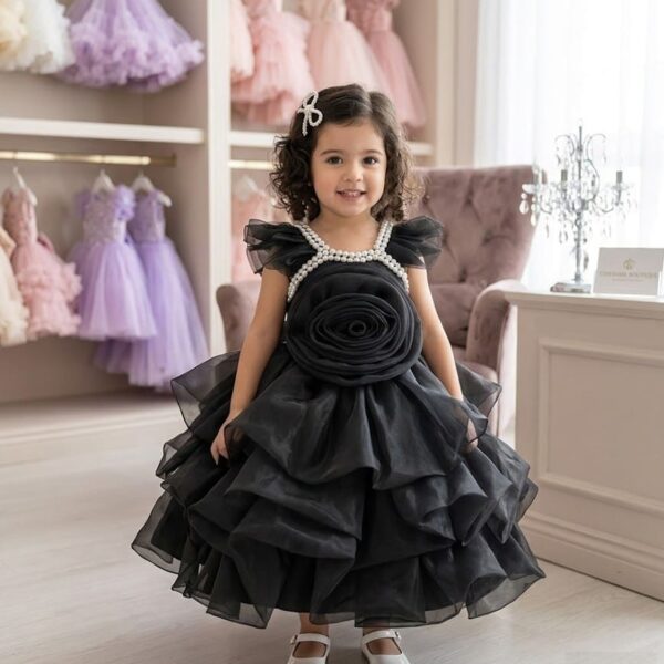 Black rose party dress for girls with pearl detailing and ruffled tulle layers