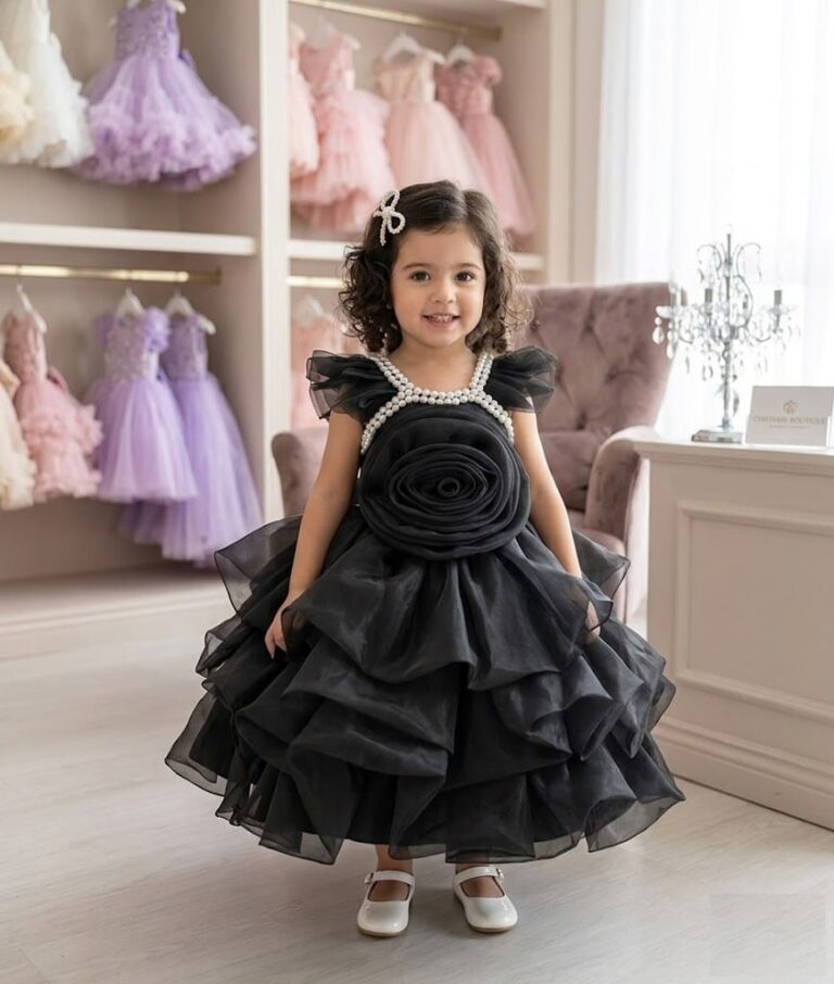 Black rose party dress for girls with pearl detailing and ruffled tulle layers