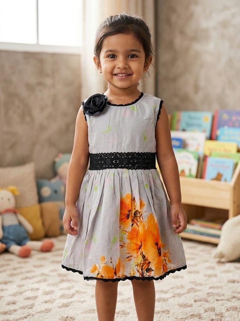 Little girl wearing a luxury black party dress featuring a large 3D rose motif, pearl-beaded neckline, and tiered ruffled tulle skirt.