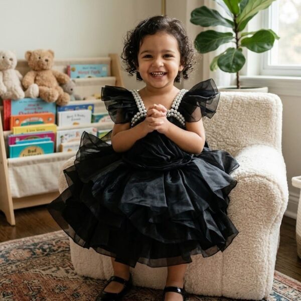 Luxury Black Rose Party Gown for Girls with Pearl Neckline & Ruffled Tulle