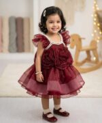 Little girl wearing a luxury maroon net party dress with 3D roses and pearl neckline design.