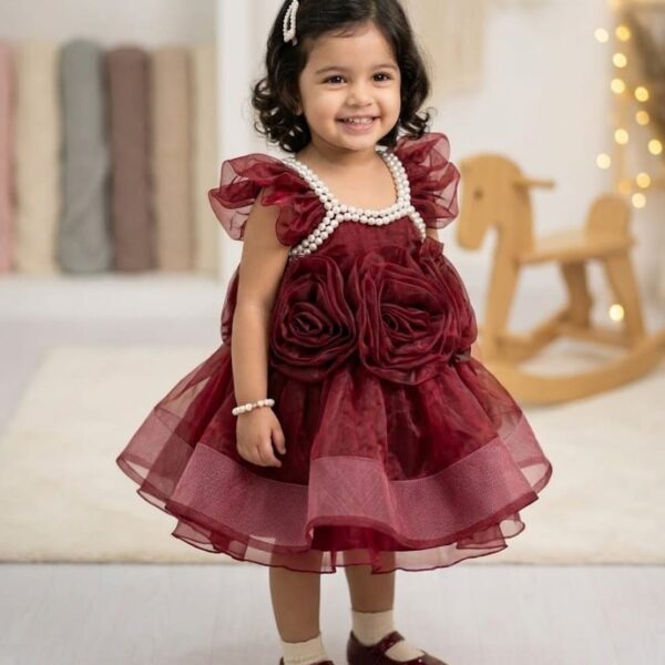 Little girl wearing a luxury maroon net party dress with 3D roses and pearl neckline design.