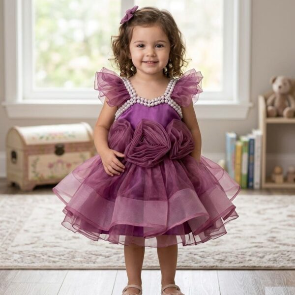 Triple rose purple net party dress for girls with pearl beaded neckline