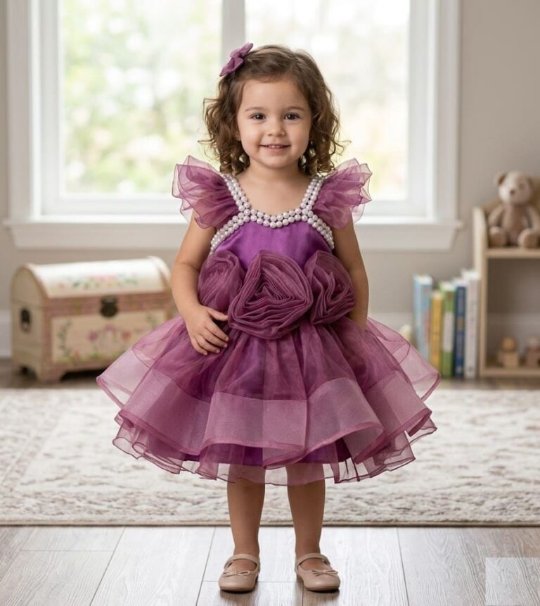 Triple rose purple net party dress for girls with pearl beaded neckline