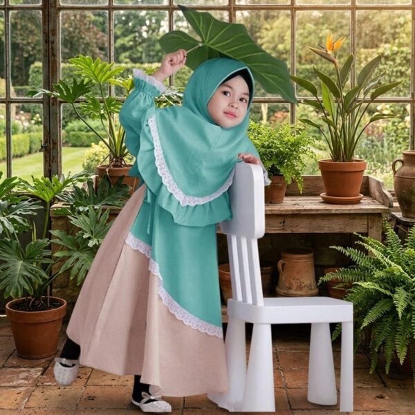 Premium Sea Green and Beige Baby Girl Borka with Lace Work Hijab Set