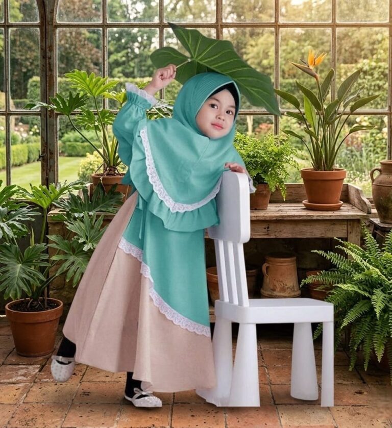 Premium Sea Green and Beige Baby Girl Borka with Lace Work Hijab Set